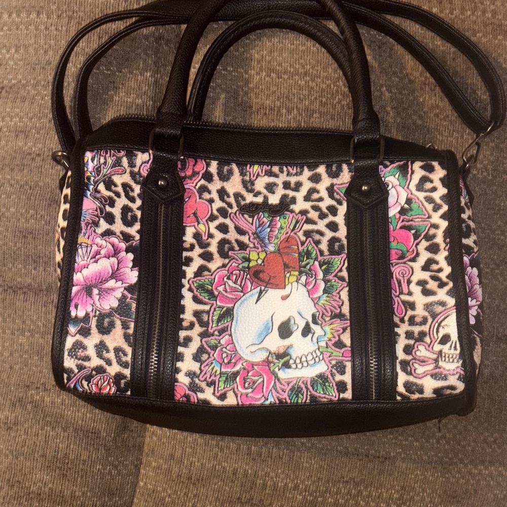 Ed Hardy Skull & Rose Print Satchel Handbag in Pink and Black